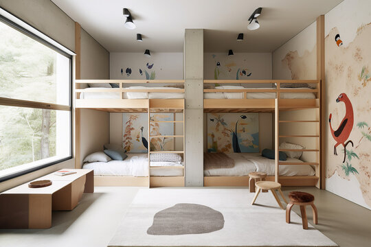 Kid bedroom in modern design home with double bunk beds. Generative AI.