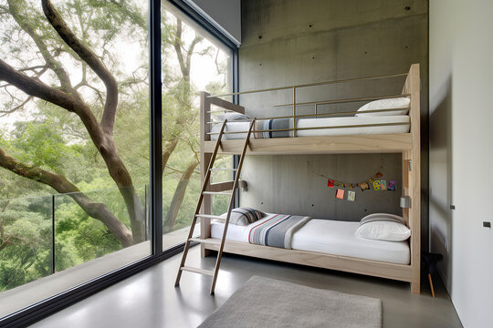 Minimal child's bedroom in modern design home with bunk beds. Generative AI.