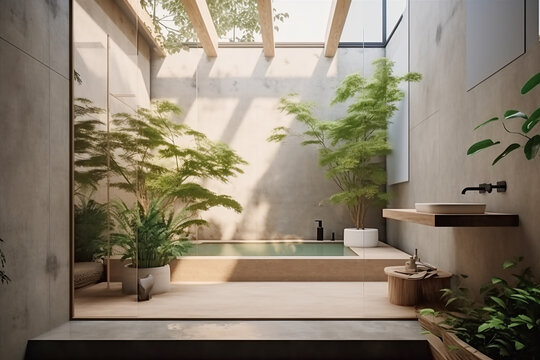 Luxury modern design indoor outdoor bathroom with bathtub. Generative AI.