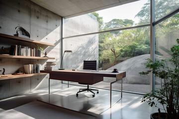 Modern design Japanese home office with desk. Generative AI.