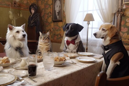 A Formal Dinner Party, With Dogs And Cats Dressed In Their Finest Attire, Created With Generative Ai