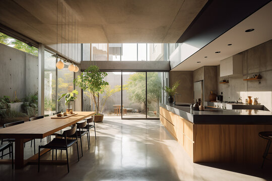 Modern design open kitchen and dining room in home with sunlight. Generative AI.