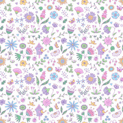 Floral seamless pattern with butterflies and birds. Vector color illustration on the white background in doodle style.