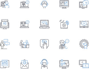 Fototapeta premium Press coverage line icons collection. Exposure, Publicity, Media, Attention, Reportage, Journalism, Headlines vector and linear illustration. Newsflash,Publishing,Feature outline signs set