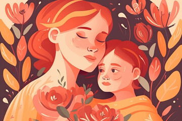 Perfect for Mother's Day, a serene summer landscape sets the backdrop for a mother and child embrace amidst a field of flowers, conveying the emotional connection. AI Generative