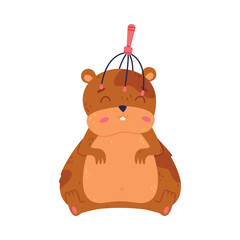 Cute hamster relaxing with head massager, funny brown rodent pet animal cartoon vector illustration