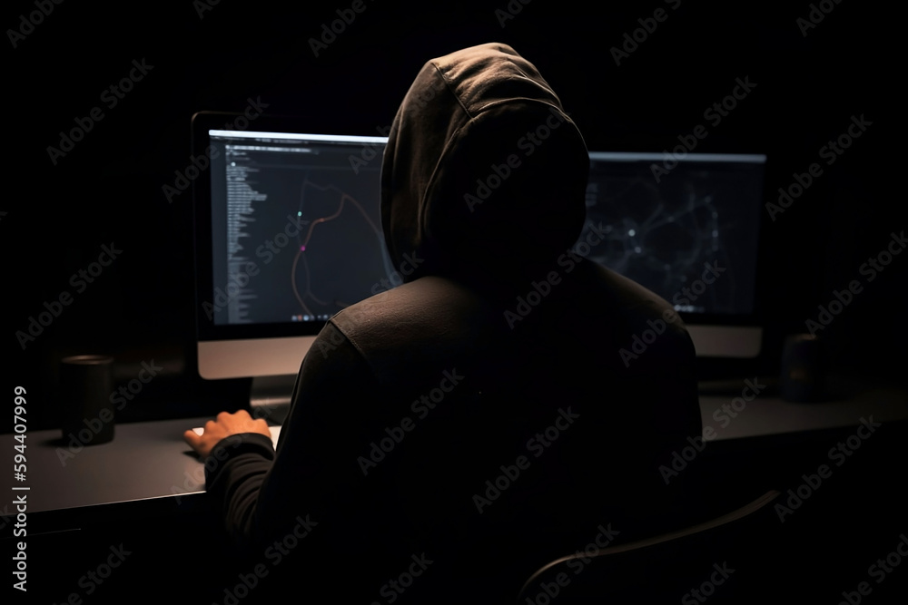 Poster hacker in hoodie at work: cybersecurity and hacking concept