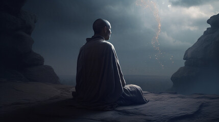 Sitting monk looking at the time - obrazy, fototapety, plakaty