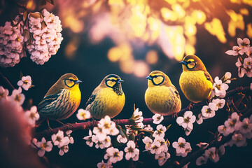  bright yellow canaries sit on a branch of a flowering tree, bokeh, generative AI tools