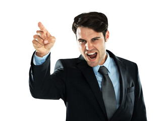 Fighting, shouting and pointing with a business man isolated on a transparent background in anger or conflict. Screaming, blame and discipline with an angry male employee yelling at work on PNG