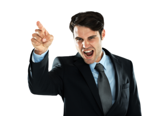 Fighting, shouting and pointing with a business man isolated on a transparent background in anger or conflict. Screaming, blame and discipline with an angry male employee yelling at work on PNG