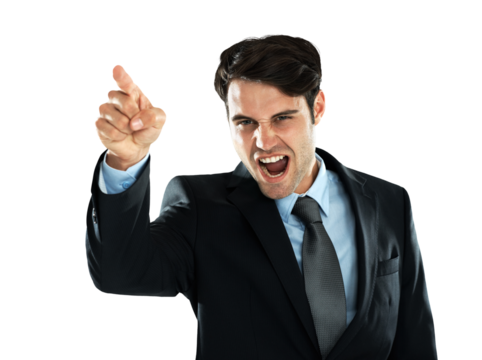 Fighting, shouting and pointing with a business man isolated on a transparent background in anger or conflict. Screaming, blame and discipline with an angry male employee yelling at work on PNG