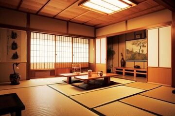 an illustration, japanese living room decoration style,generative ai