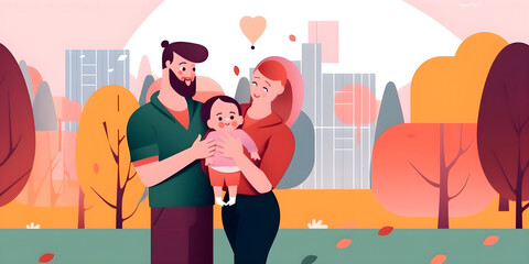 illustration Smiling happy parents couple with baby in garden young gay parents hugging baby happy family concept Generative AI