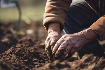 close-up of farmer's hands, tilling the soil and preparing for a new season, created with generative ai - obrazy, fototapety, plakaty