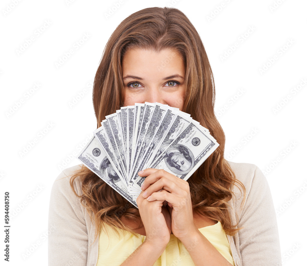 Wall mural eyes portrait, money and png with a woman isolated on a transparent background after winning a prize