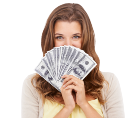 Eyes portrait, money and PNG with a woman isolated on a transparent background after winning a prize. Cash, finance and investment with an attractive young female holding a financial interest payment