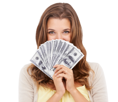 Eyes portrait, money and PNG with a woman isolated on a transparent background after winning a prize. Cash, finance and investment with an attractive young female holding a financial interest payment