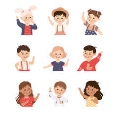 Happy Children with Raised Up Hands Smiling Vector Set