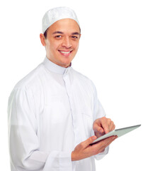 Happy, tablet and portrait of muslim man on png background for digital, technology and Islamic website. Smile, religion and internet with arabic male isolated on transparent for research and media