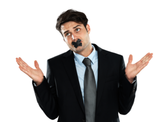 Shrug, censorship and PNG with a business man isolated on a transparent background for silence or secrecy. Face, mouth or tape with a young male employee suffering a human rights violation at work