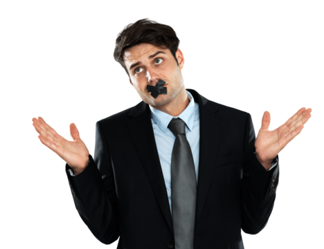 Shrug, censorship and PNG with a business man isolated on a transparent background for silence or secrecy. Face, mouth or tape with a young male employee suffering a human rights violation at work