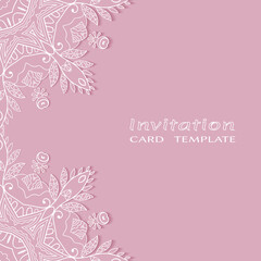 Lace Invitation Card template with mandala element. Doodle line pattern. Decorative openwork filigree art background for Wedding, Valentine's day greeting card, Birthday Invitation