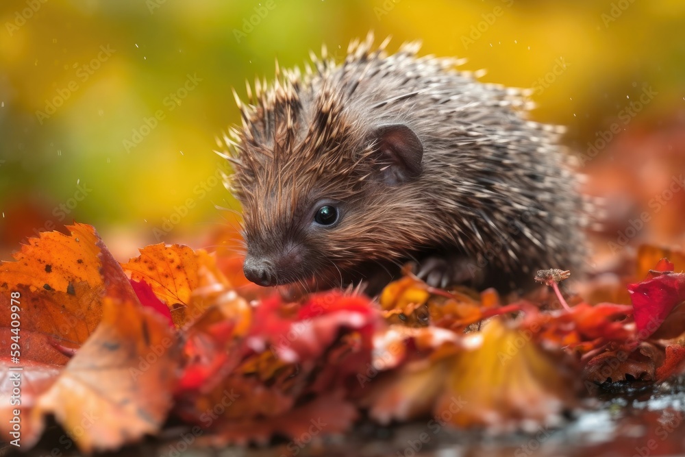 Wall mural baby hedgehog curling and uncurling among pile of vibrant fall foliage, created with generative ai - Wall murals