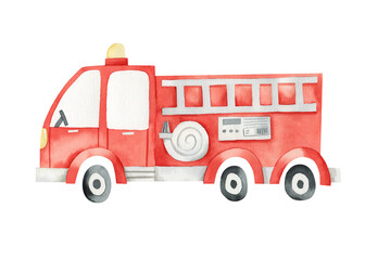 Red fire truck in cartoon style. Watercolor hand-drawn illustration of a red truck car. Cute illustration for kids. Fireman. Boho. Fire rescues. Emergency. Isolated on white background. 