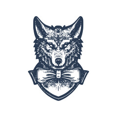 Vintage logo of a wolf head. an old-school logo of a wolf in a tuxedo. Aesthetic retro logo of a wolf wearing a bowtie isolated on white background. vector logo.