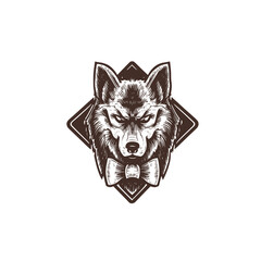 Fototapeta na wymiar Vintage logo of a wolf head. an old-school logo of a wolf in a tuxedo. Aesthetic retro logo of a wolf wearing a bowtie isolated on white background. vector logo.