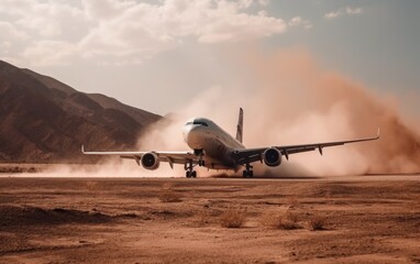 Recreation of an aircraft performing an emergency landing in the desert. Generative AI.
