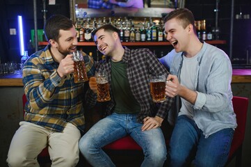 Young men in casual clothes are talking, laughing and drinking while sitting at bar counter in pub