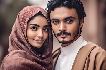 young wealthy middle eastern couple looking at the camera. Generative AI