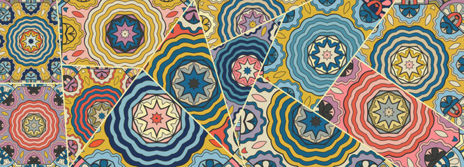 Vector patchwork quilt pattern. Vintage decorative collage. Hand drawn background. Indian, Arabic, Turkish motifs for printing on fabric or paper. Abstract colorful doodle pattern in mosaic style