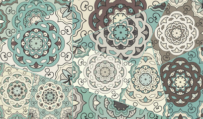 Vector patchwork quilt pattern. Vintage decorative collage. Hand drawn background. Indian, Arabic, Turkish motifs for printing on fabric or paper. Abstract colorful doodle pattern in mosaic style