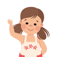 Happy Little Girl with Raised Up Hand Smiling Vector Illustration