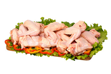raw chicken wing on cutting board on white background
