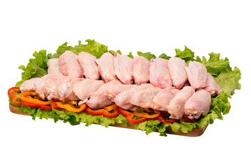 raw chicken meat on cutting board on white background