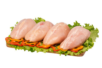 raw chicken breast on cutting board on white background