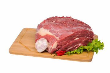 fresh and raw beef meat on cutting board on white background