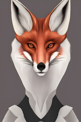 Portrait of a red fox in a suit on a light background. The head of a beautiful forest animal. Smart look of a dodgy fox, a skillful predator and an elegant animal, generative AI	
