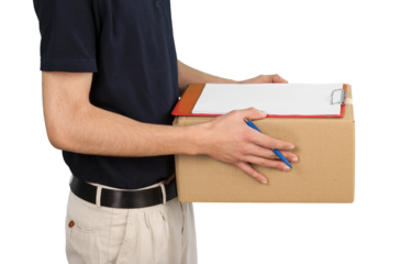 Delivery man with box and clipboard isolated on white background
