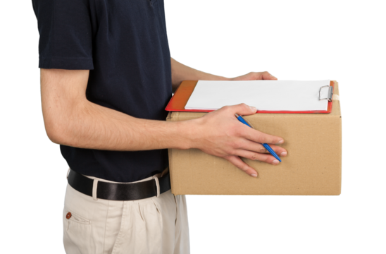 Delivery man with box and clipboard isolated on white background