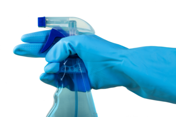 Cleaning the Bathroom. Hand with gloves and clean spray