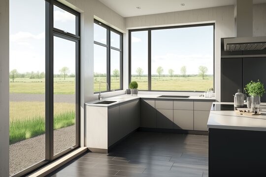 modern kitchen with sleek and stylish aluminium windows overlooking the view, created with generative ai