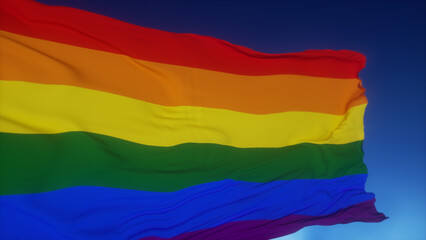 Rainbow flag, LGBT, on the sunny blue sky background. 3d illustration