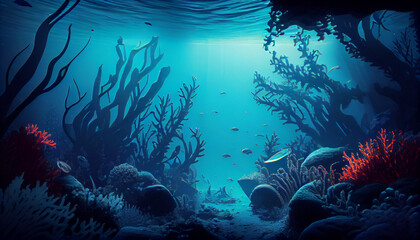 Underwater sea in blue sunlight Ai generated image