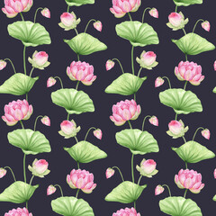 Pink lotus flowers and leaves. Watercolor seamless pattern on dark background. Chinese water lily. For fabrics, packaging paper, scrapbooking, wallpaper and other items.