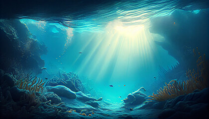 Fototapeta na wymiar Underwater sea in blue sunlight Ai generated image